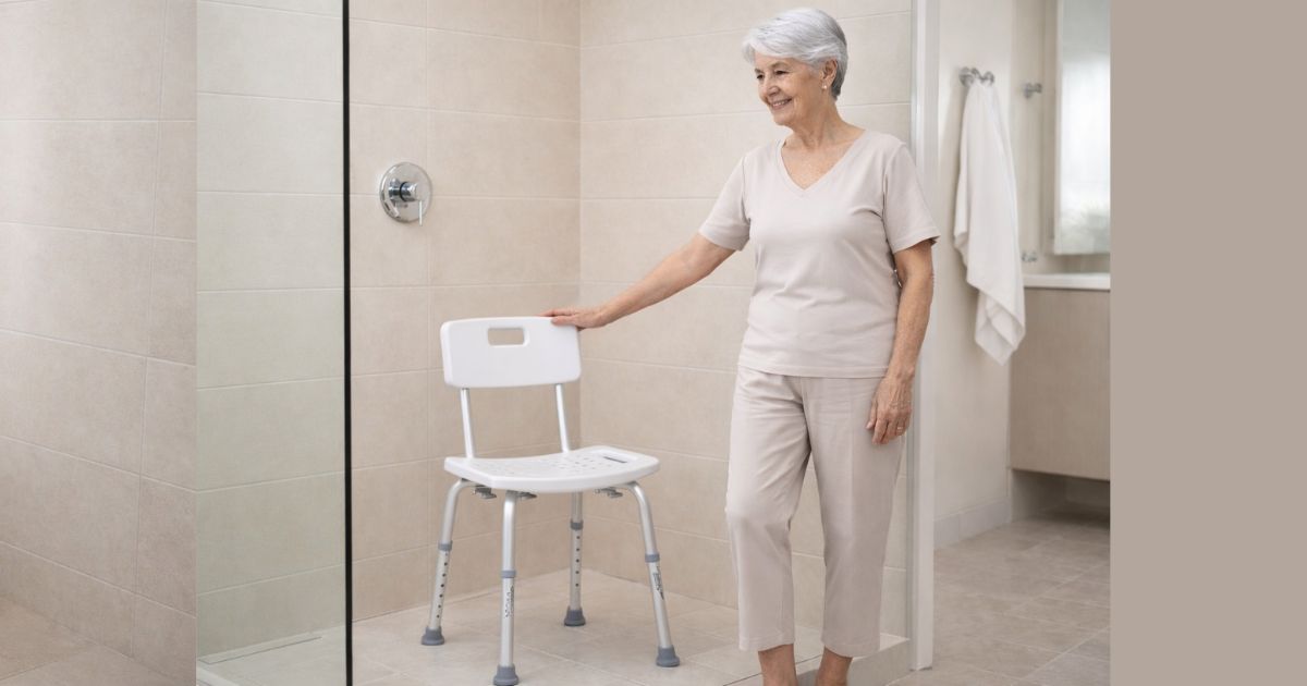 idosa utilizando cadeira de banho com segurança no box