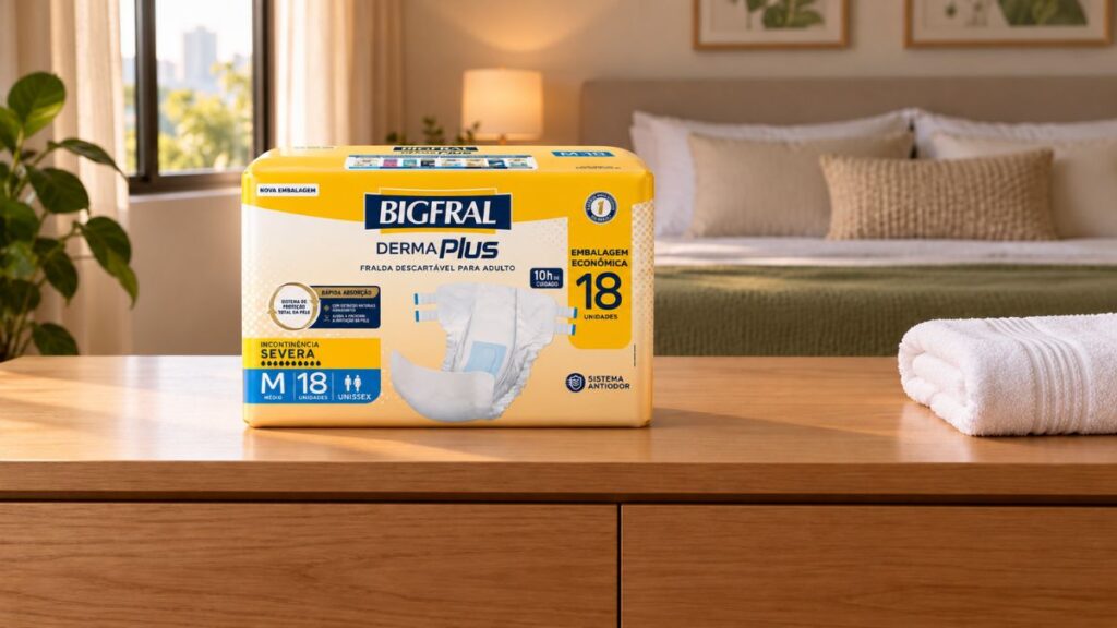 Embalagem da fralda Bigfral Derma Plus em ambiente doméstico