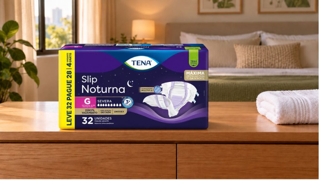 Embalagem da fralda TENA Slip Noturna em quarto doméstico