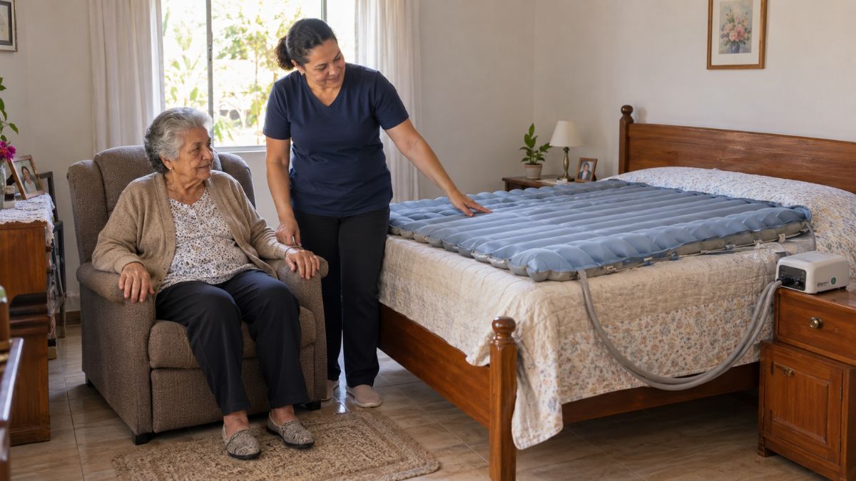 Colchão pneumático anti-escaras instalado sobre uma cama num quarto doméstico
