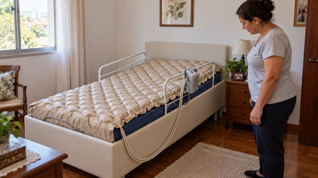 Colchão pneumático anti-escaras instalado sobre uma cama, com bomba de ar ao lado