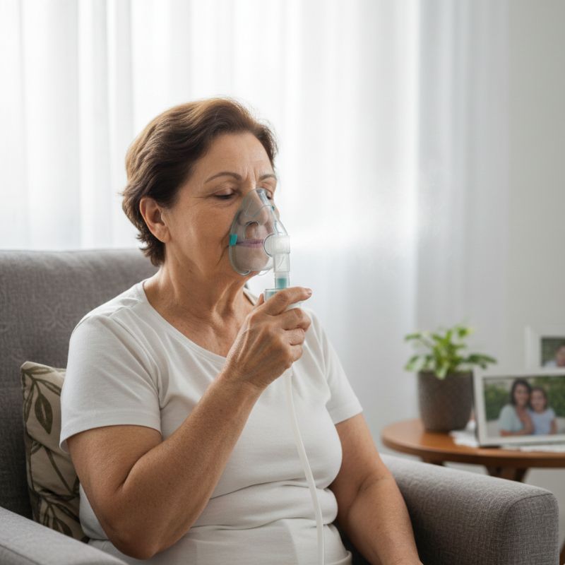 Idoso usando inalador em casa