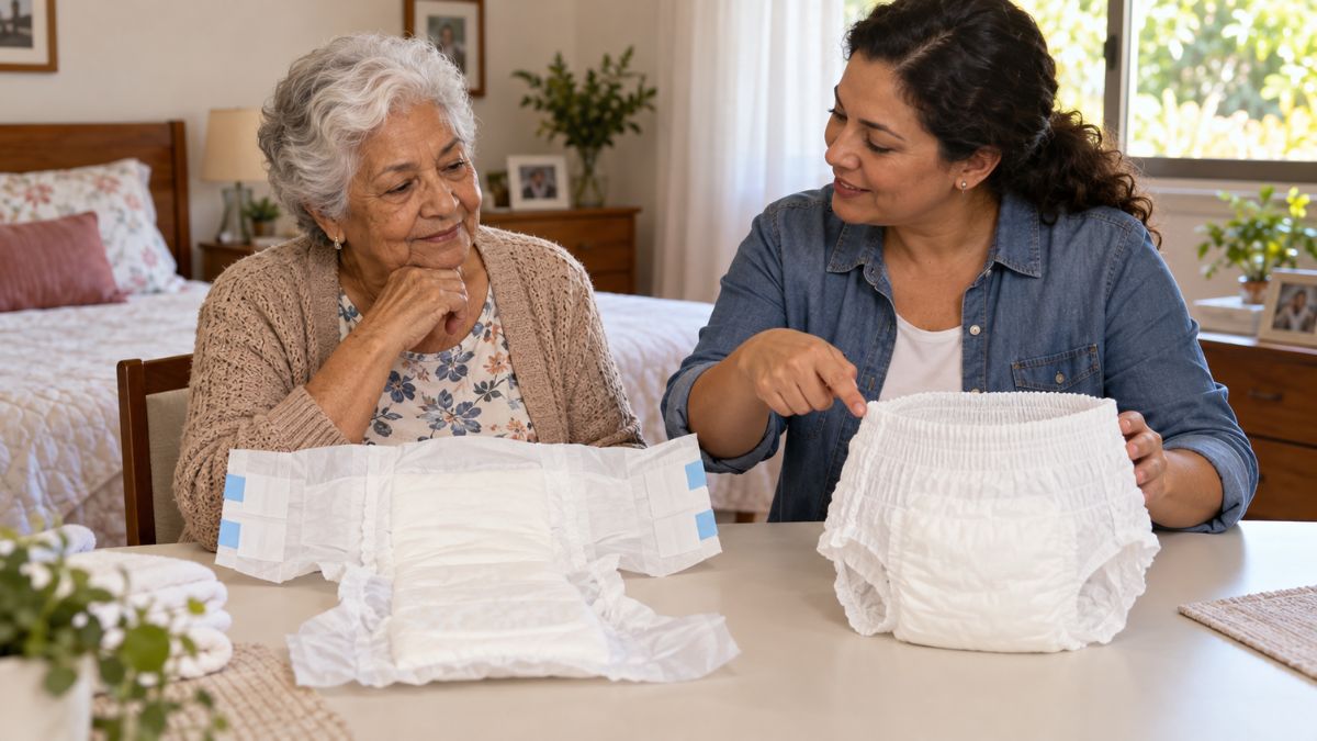 Idosa e cuidadora comparam modelos de fralda geriátrica