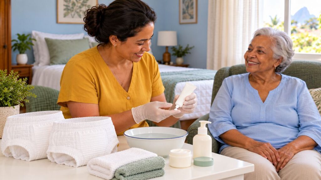 Cuidadora organiza produtos para higiene e proteção da pele de uma mulher idosa