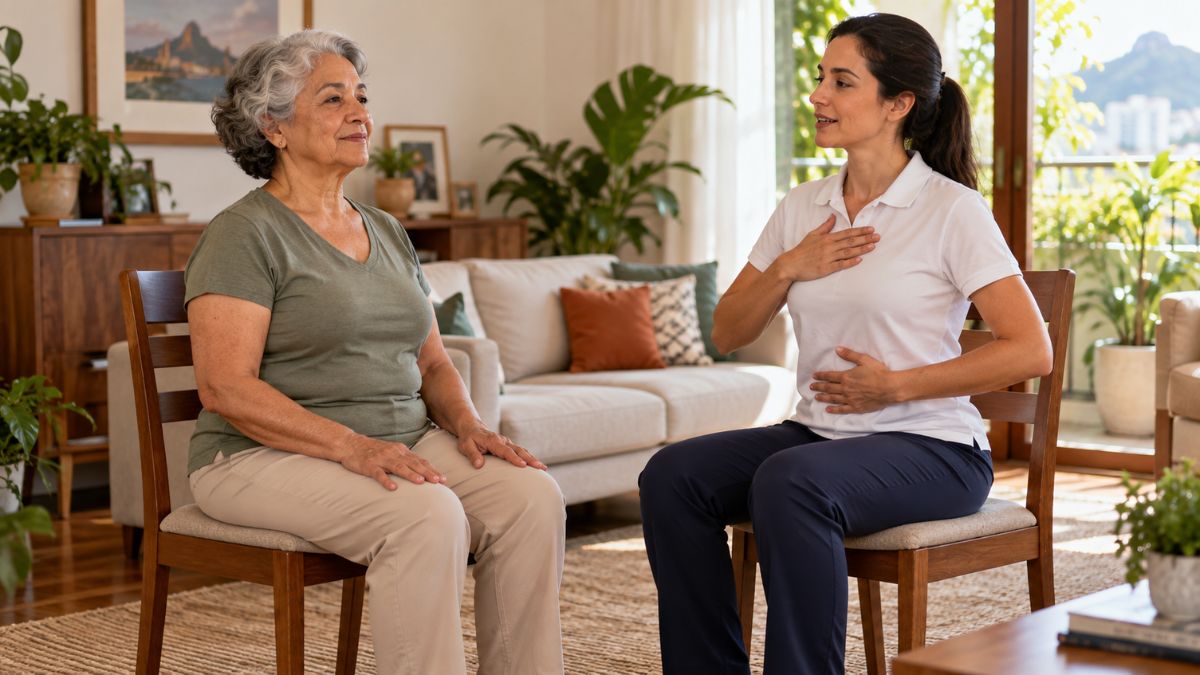 Idosa realiza exercícios de Kegel sentada com orientação profissional