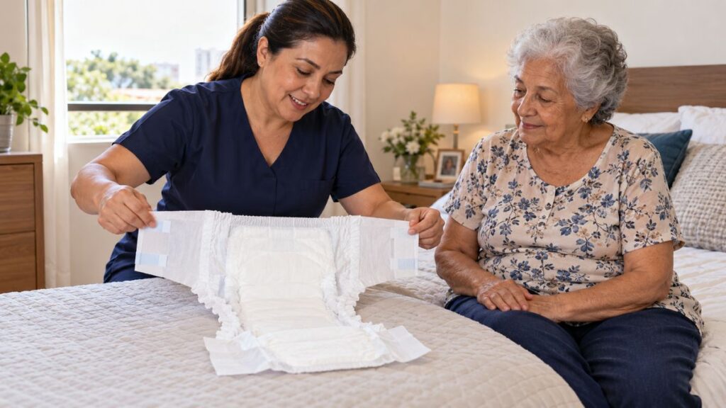 Cuidadora apresenta uma única fralda geriátrica noturna de tamanho adequado
