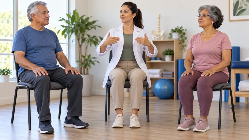 Fisioterapeuta orienta idosos sobre exercícios do assoalho pélvico