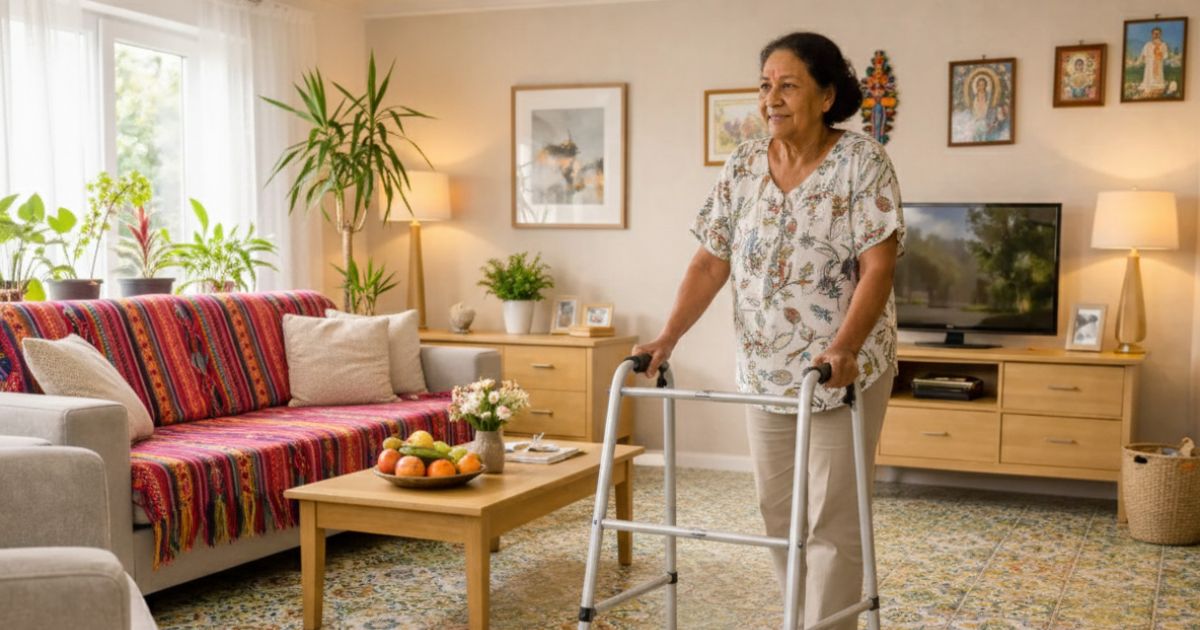 Idosa usando andador com segurança em casa
