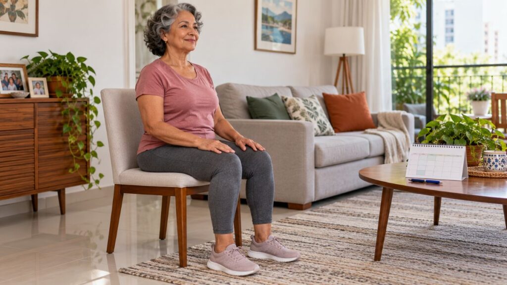 Idosa acompanha uma rotina progressiva de exercícios de Kegel