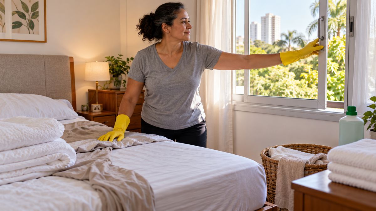 Cuidadora prepara a limpeza de um quarto após vazamento de urina