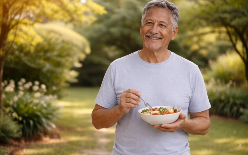 Idoso mantendo autonomia e qualidade de vida com alimentação rica em proteínas