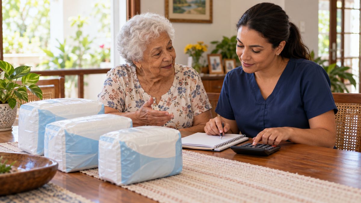 Cuidadora calcula a quantidade mensal de fraldas para uma idosa
