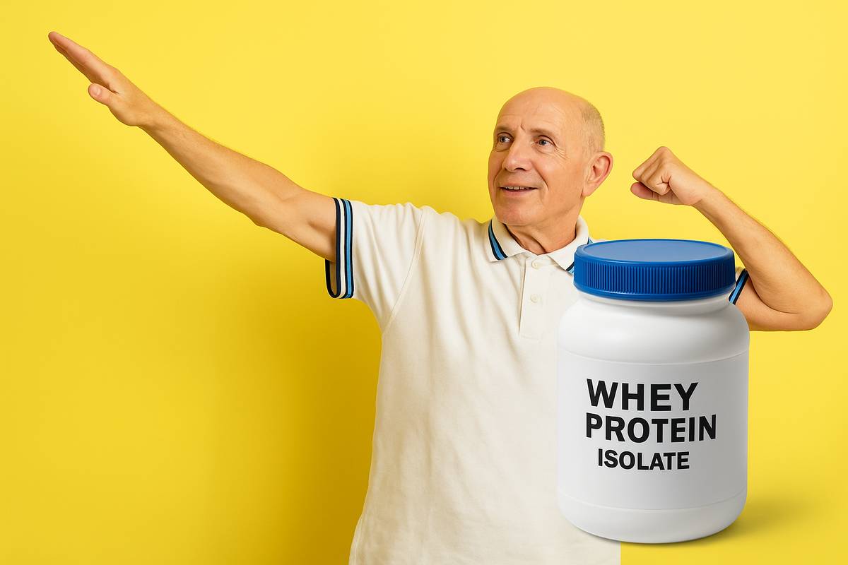 Idoso saudável e ativo ao lado de whey protein isolate, suplemento indicado para combater a sarcopenia.