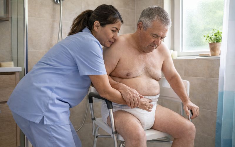 cuidadora auxiliando idoso durante troca de fralda na cadeira de banho