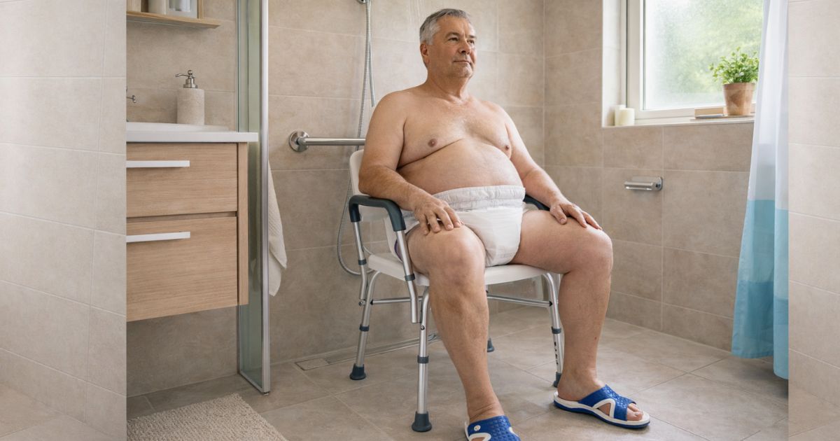 idoso sentado em cadeira de banho durante cuidados de higiene com segurança