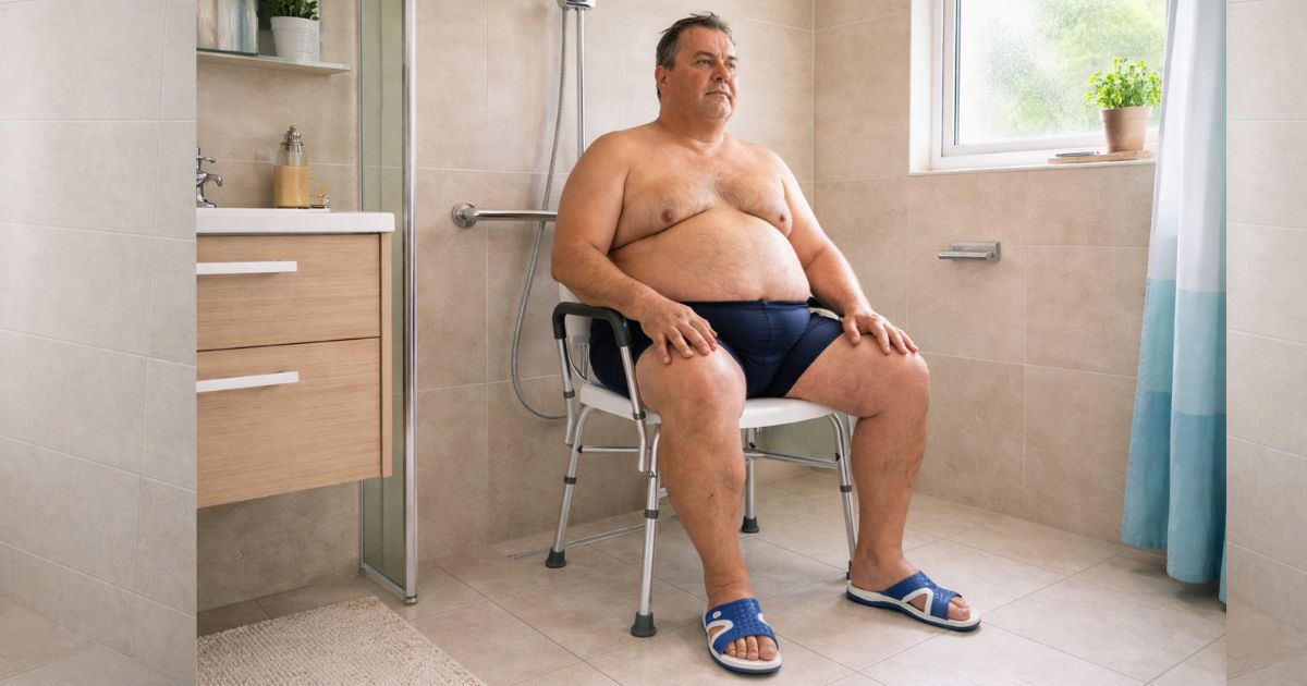 idoso obeso utilizando cadeira de banho reforçada com segurança