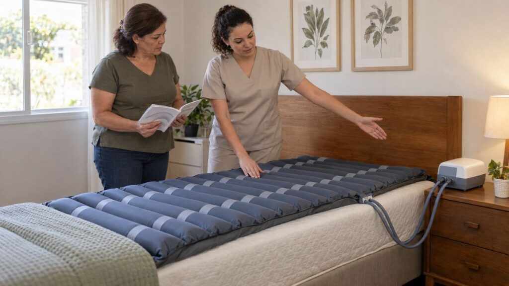 Profissional de saúde e cuidadora avaliam um colchão pneumático instalado numa cama