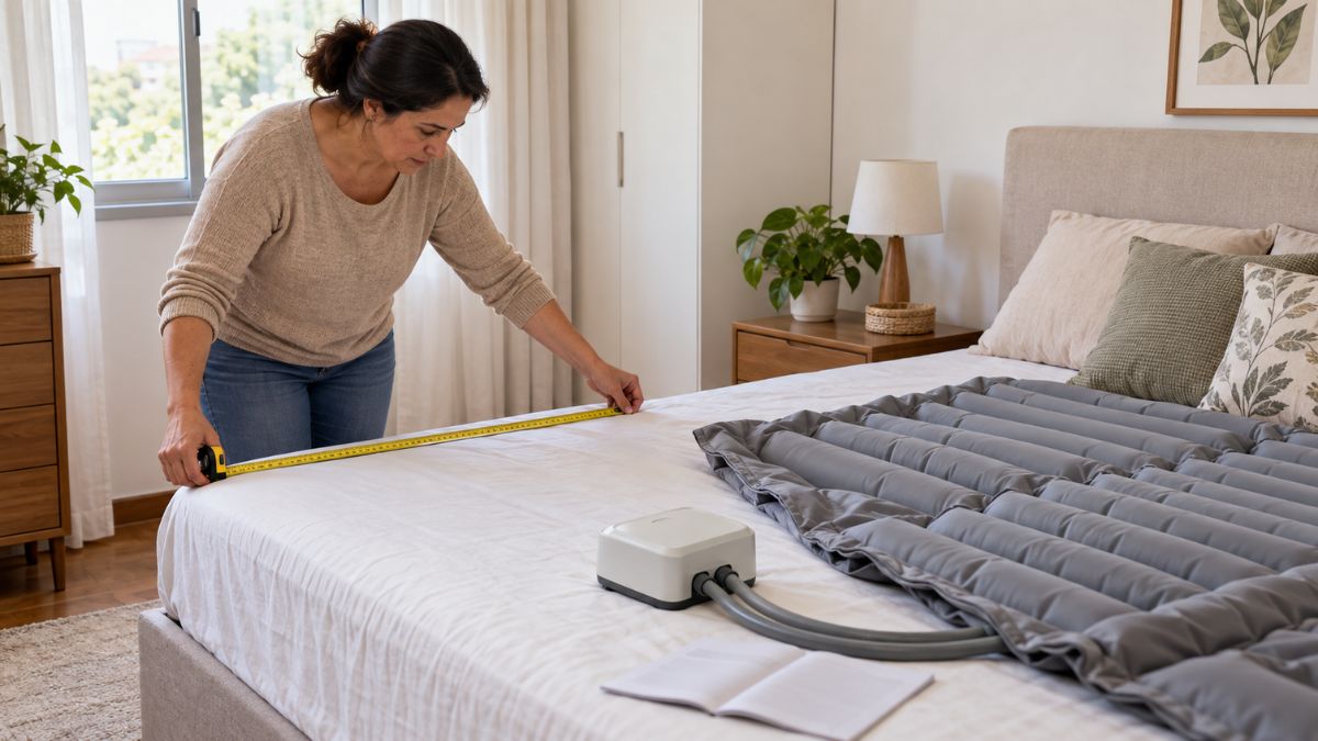 Cuidadora mede a cama antes de escolher um colchão pneumático para prevenção de escaras