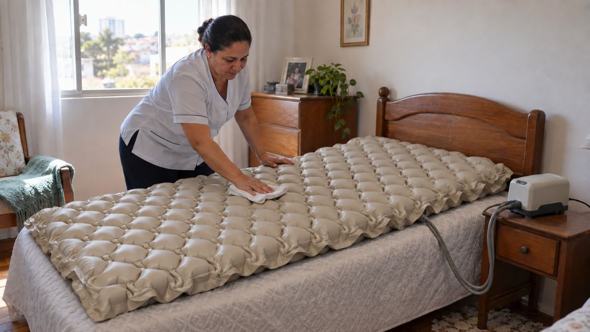 Mulher limpa com um pano a superfície de um colchão pneumático sobre uma cama