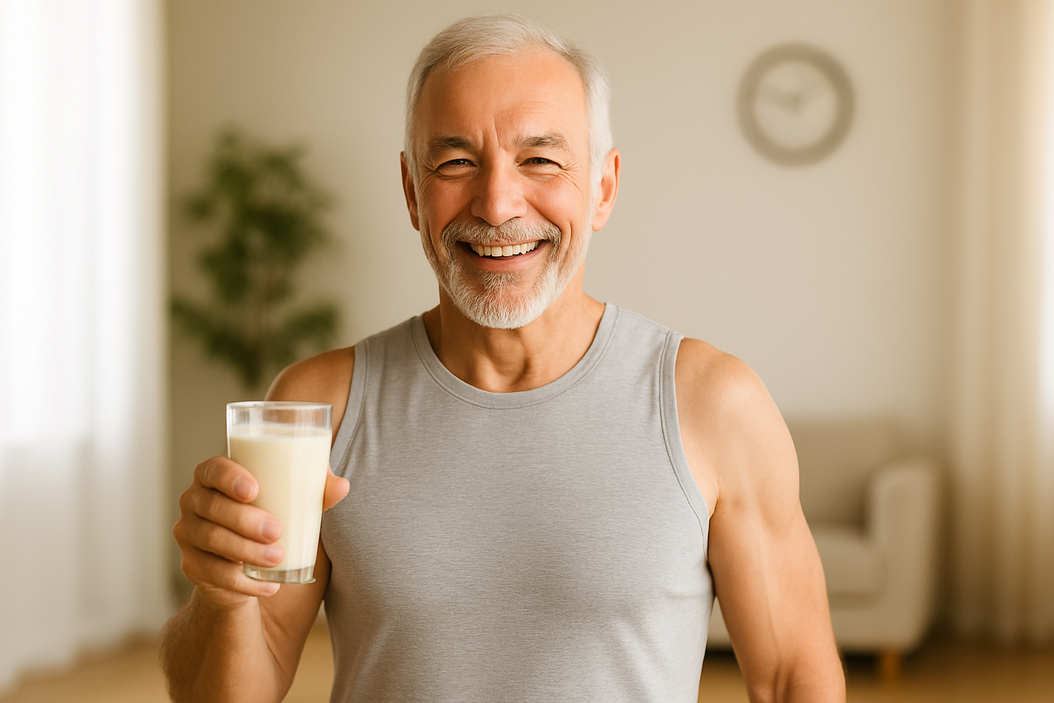 Idoso saudável segurando shake de whey protein, representando força e vitalidade na terceira idade.