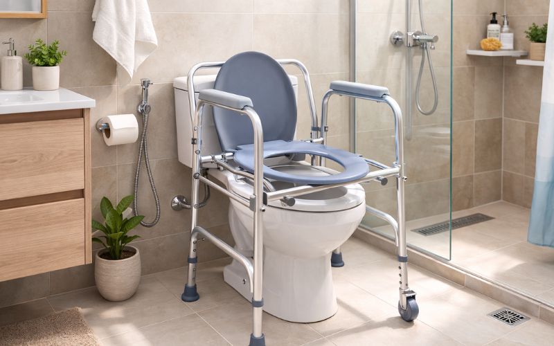 cadeira higiênica posicionada sobre vaso sanitário para idoso