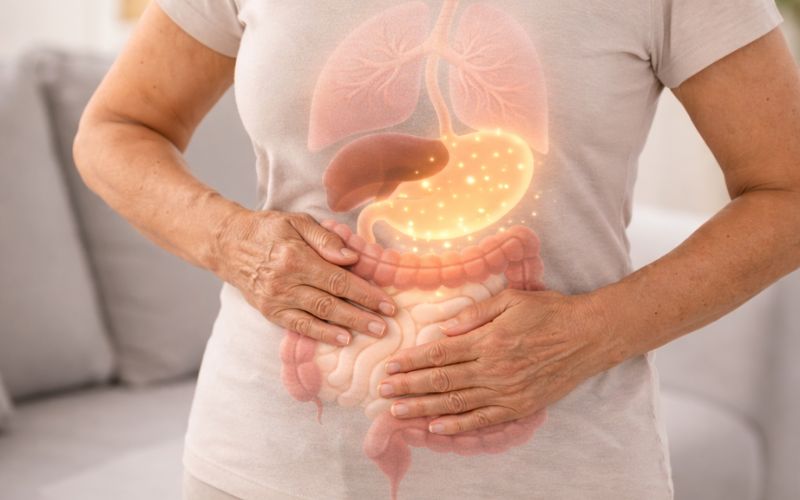 Idoso observando o próprio corpo como exemplo das mudanças na digestão e absorção de proteínas com o envelhecimento
