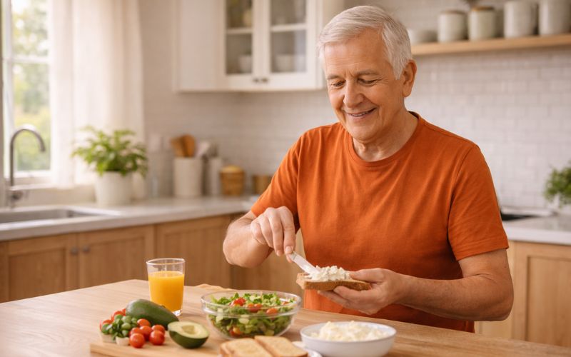 Idoso em contexto de alimentação leve representando melhor digestibilidade de proteínas na terceira idade
