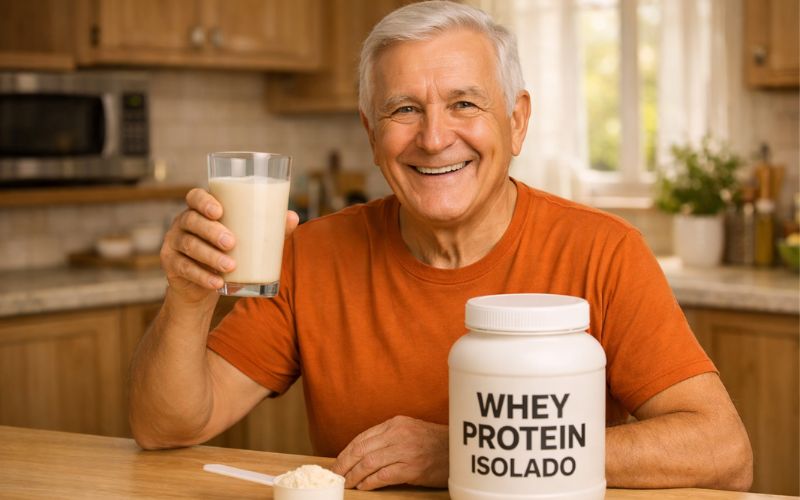 Idoso consumindo suplemento proteico como complemento da alimentação na terceira idade
