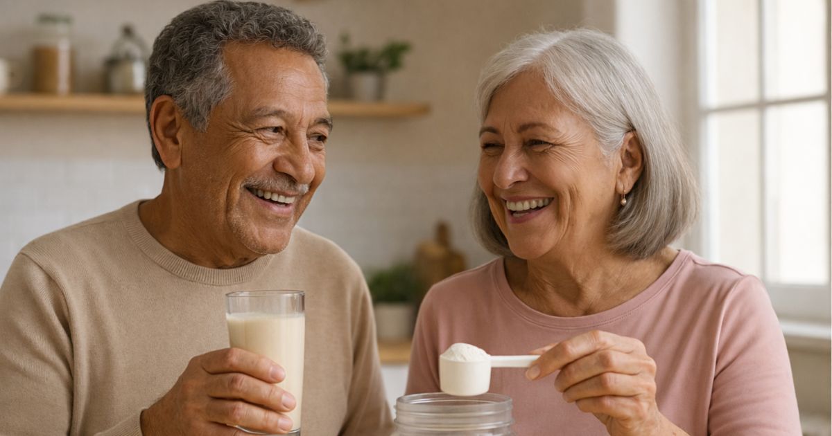 Casal de idosos consumindo suplemento de proteína como complemento nutricional na terceira idade