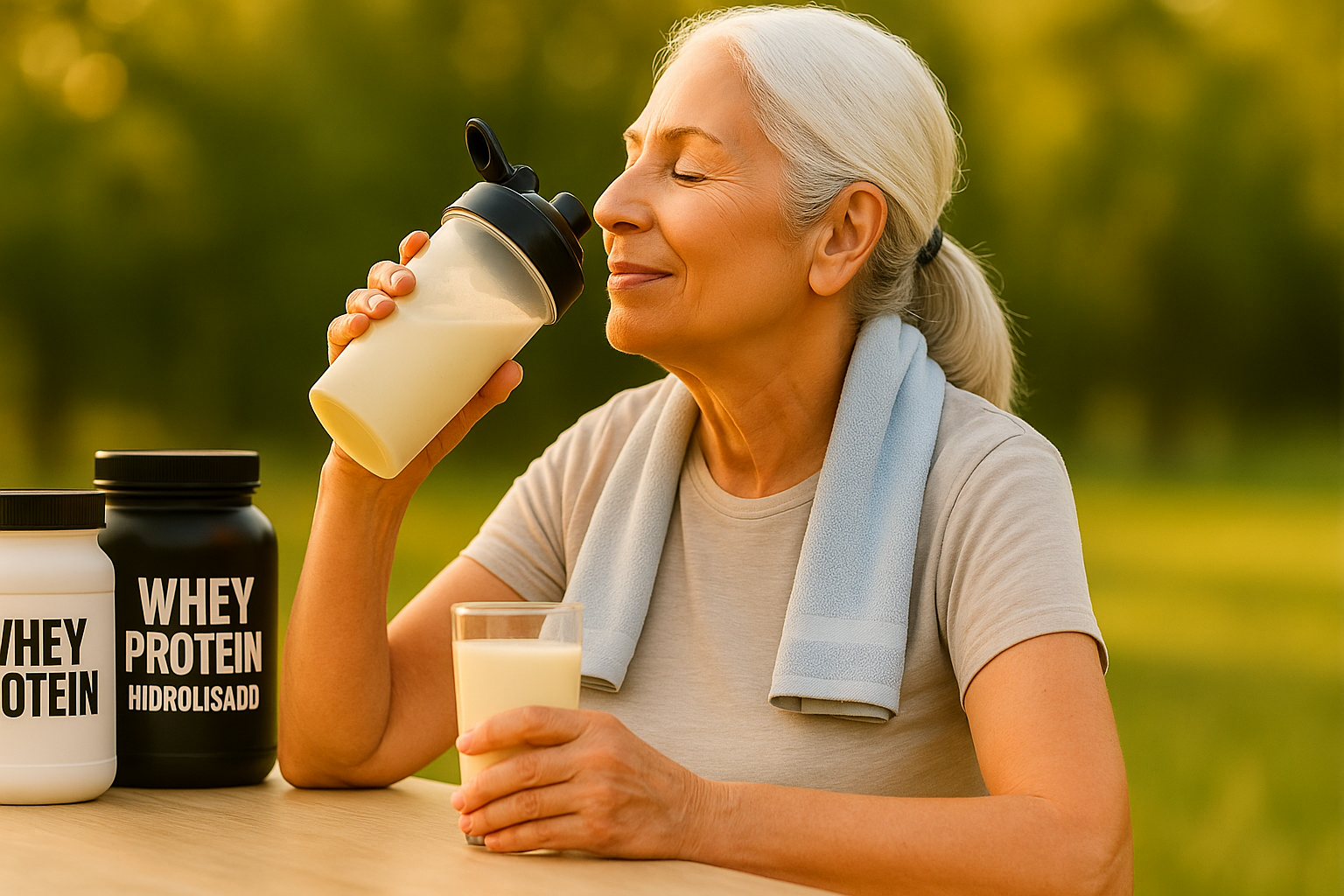 Idosa tomando whey protein ao ar livre, representando digestão leve e energia na terceira idade