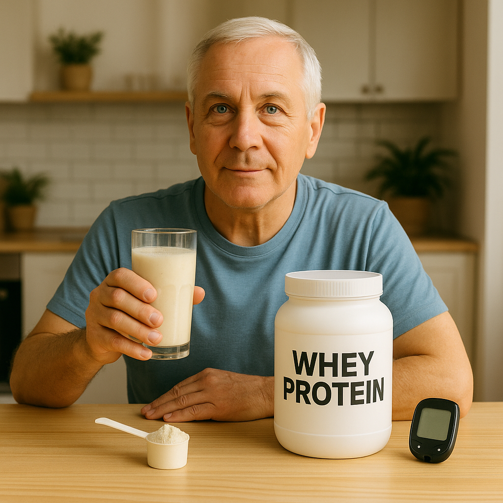 Homem idoso saudável tomando whey protein na cozinha com medidor de glicose ao lado.