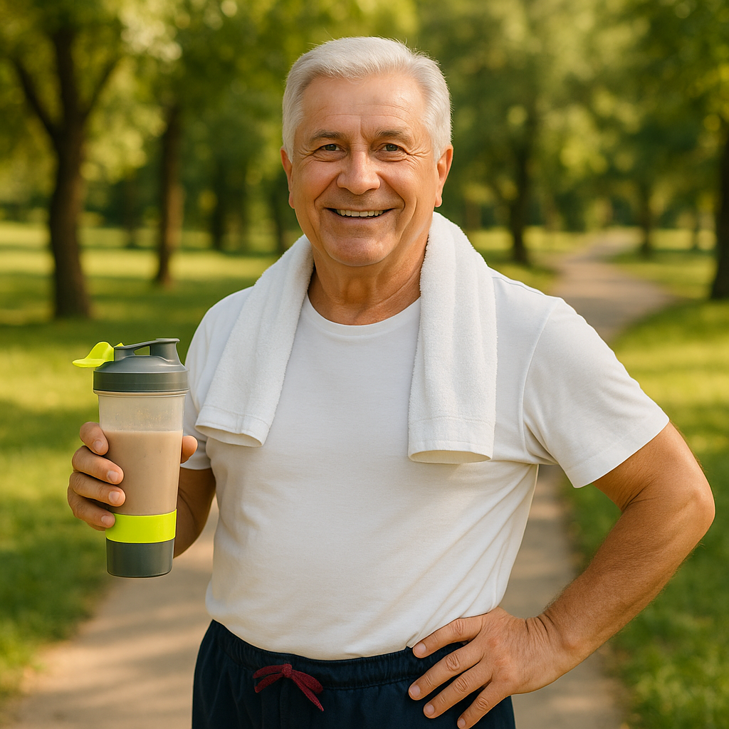 Idoso saudável no parque após atividade física segurando um shake de whey protein.