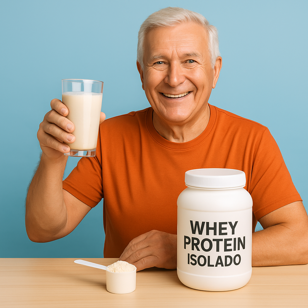 Idoso saudável sorridente segurando um copo de whey protein isolado com pote e scoop na mesa.