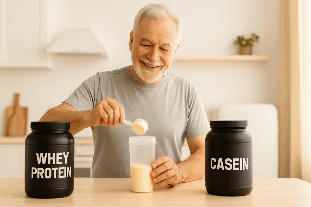 doso preparando shake de whey protein e caseína na cozinha, simbolizando nutrição e vitalidade na terceira idade.