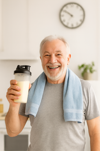 Idoso sorridente segurando um shake proteico, com relógio ao fundo indicando o melhor horário para consumo.
