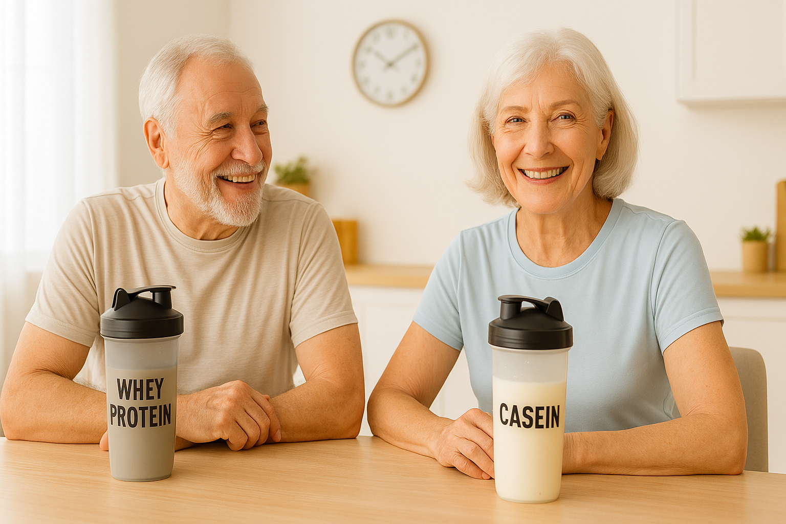 Idosos comparando whey protein e caseína durante o café da manhã, representando nutrição na terceira idade