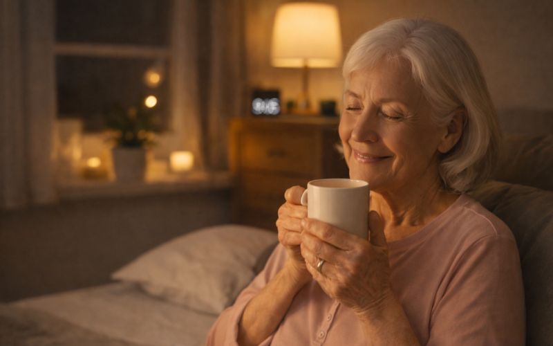 Idosa consumindo proteína à noite para suporte muscular durante o sono