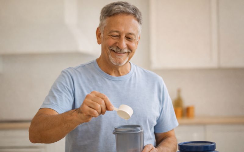 Idoso preparando shake de whey protein como complemento proteico diário