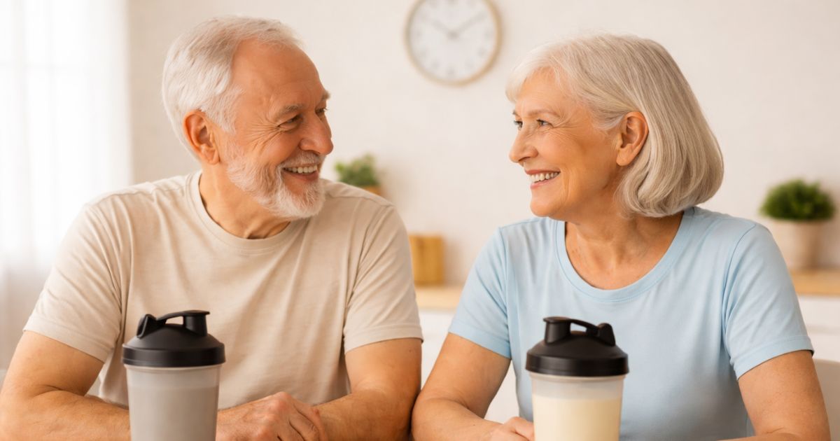 Casal de idosos comparando whey protein e caseína como suplementação proteica
