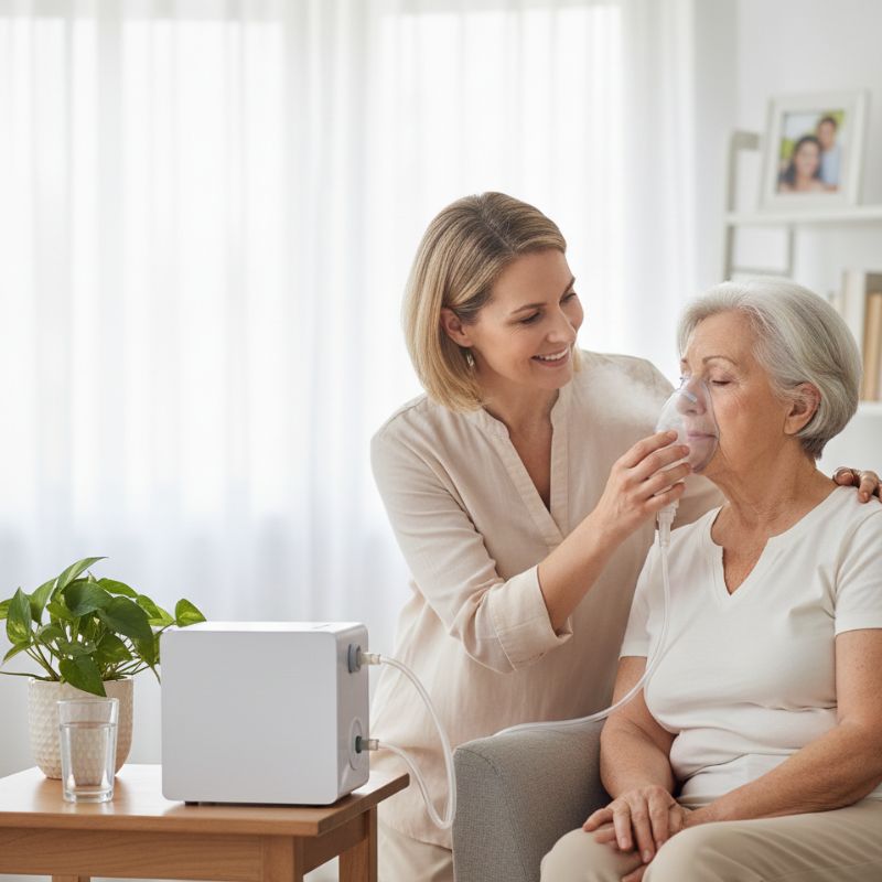 Cuidador auxiliando idoso no uso seguro do nebulizador

