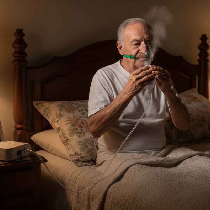 idoso utilizando inalador no quarto antes de dormir