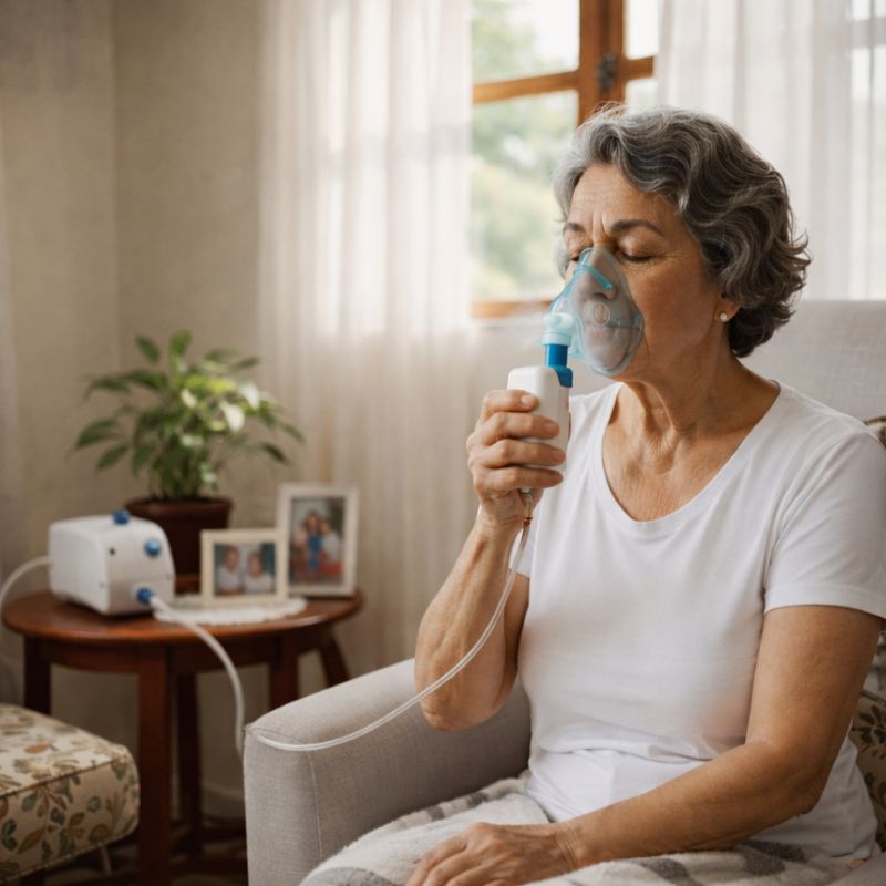 Idoso utilizando inalador em casa com conforto e segurança
