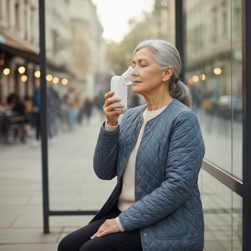idoso utilizando inalador portátil em ambiente externo