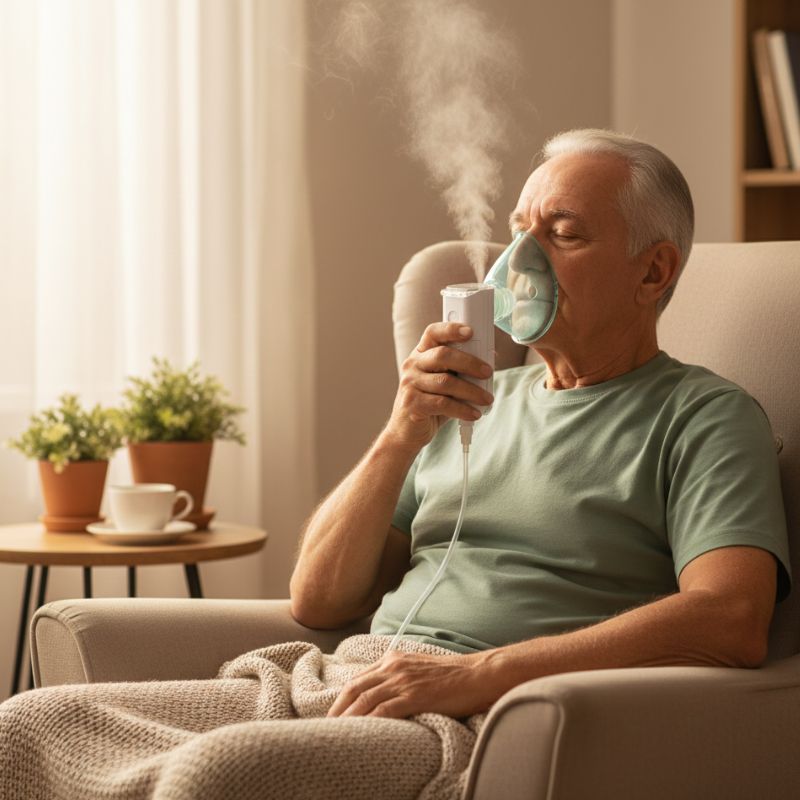 idoso utilizando inalador silencioso em casa