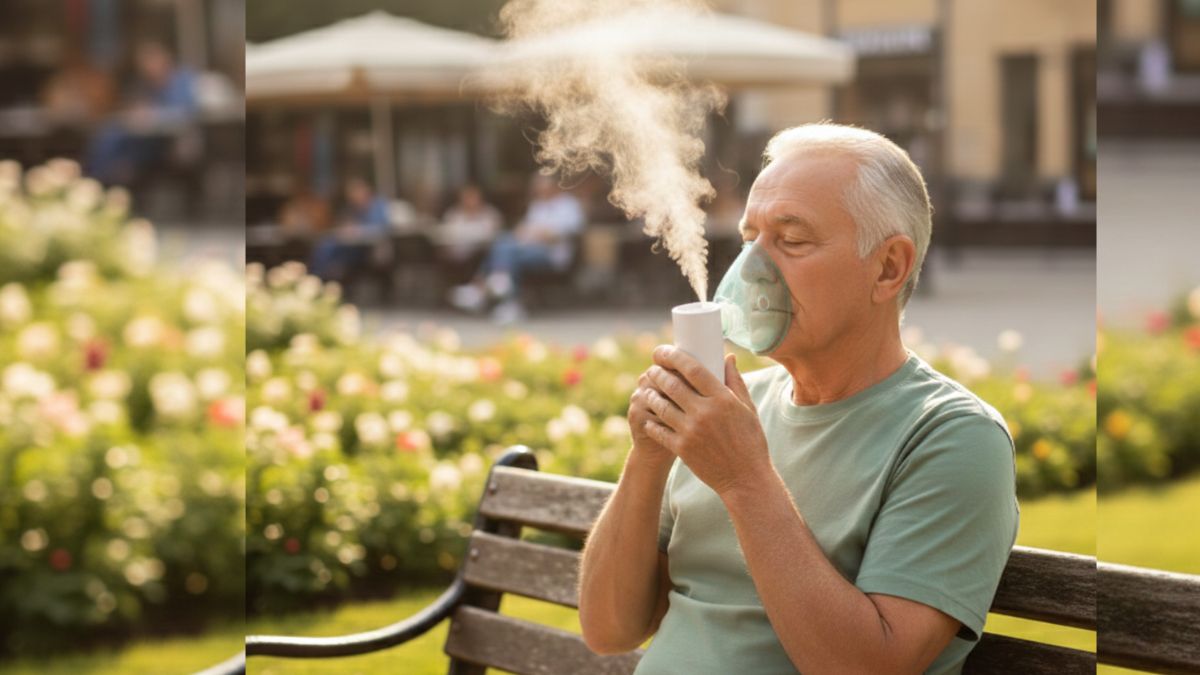 inalador portátil para idosos em uso fora de casa