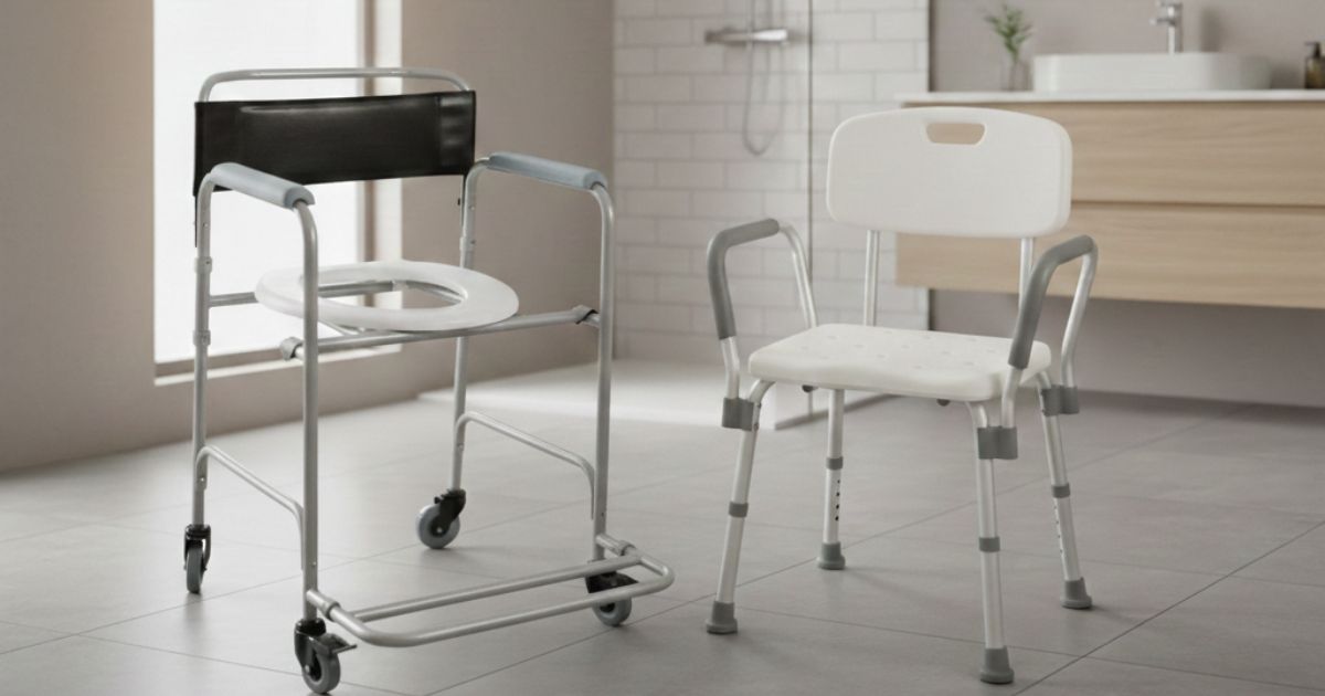 cadeira de banho com rodas ao lado de banco de banho sem rodas
