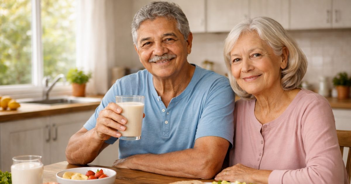 Casal de idosos em ambiente doméstico com alimentação equilibrada e bebida proteica