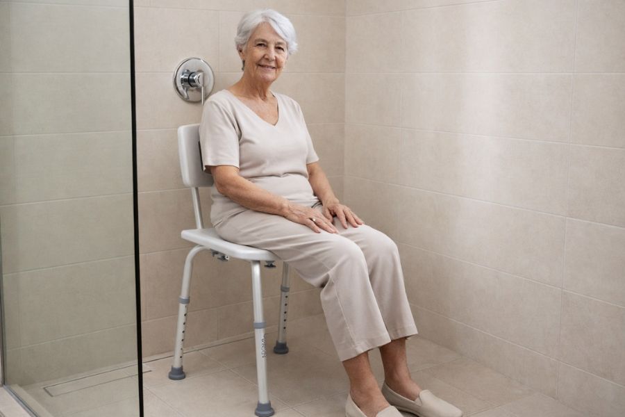 idoso utilizando banco de banho com encosto no box do banheiro