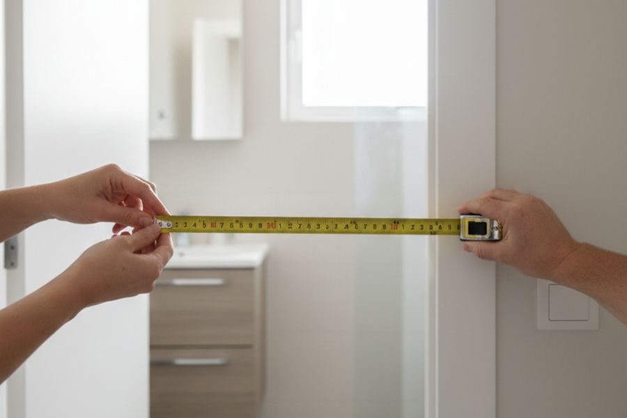Medição da largura da porta do banheiro antes de escolher cadeira de banho
