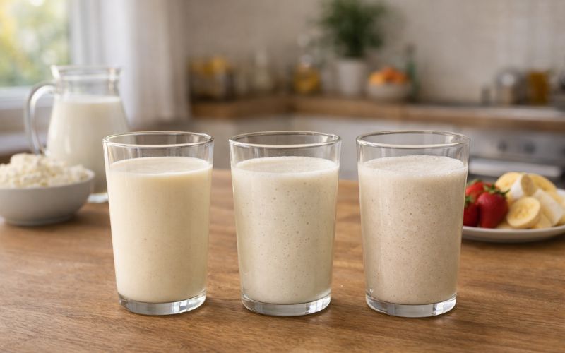 Exemplos de diferentes tipos de whey protein em copos neutros